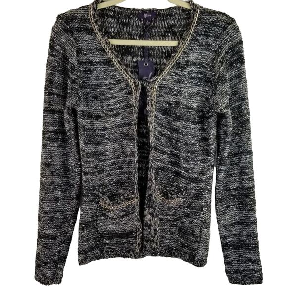 Lily Heathered Gray Knit Front Polckets Gold Chain Detail Cardigan Jacket L NWT - Picture 1 of 6